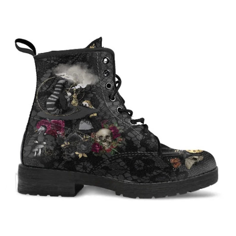 Women Ankle Boots Low Heels Shoes Woman Vintage PU Leather Autumn Warm Winter High Snow Boots 2022 Skull Flower Print Boots