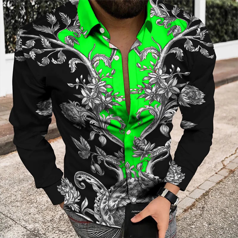 2024 Men's Shirt Floral Pattern 3D Printed Shirt Lapel Long Sleeve Costume Prom Party Dress 11 Colors Designer Casual S-5XL