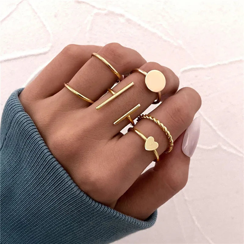 LETAPI 2024 New Fashion Bohemian Heart Ring Set For Women Crystal Stars Moon Flower Love Geometric Finger Vintage Jewelry Gifts