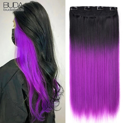 Synthetic Long Wavy 5 Clip In Hair Extensions 22Inch Synthetic Fiber Heat Resistant Hairpiece Black Pink False Hair Daily Use