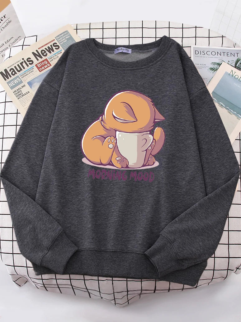 Cat Is Looking At The Cup Lovely Sweatshirt Female Fashion Fleece Hoody Crewneck Casual Hoodies Pullover Oversize Sportswear