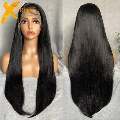 X-TRESS Long Straight Layered Wigs 13X4 Lace Frontal Free Part Synthetic Hair Wig with Baby Hair For Women 32inch Black Colored