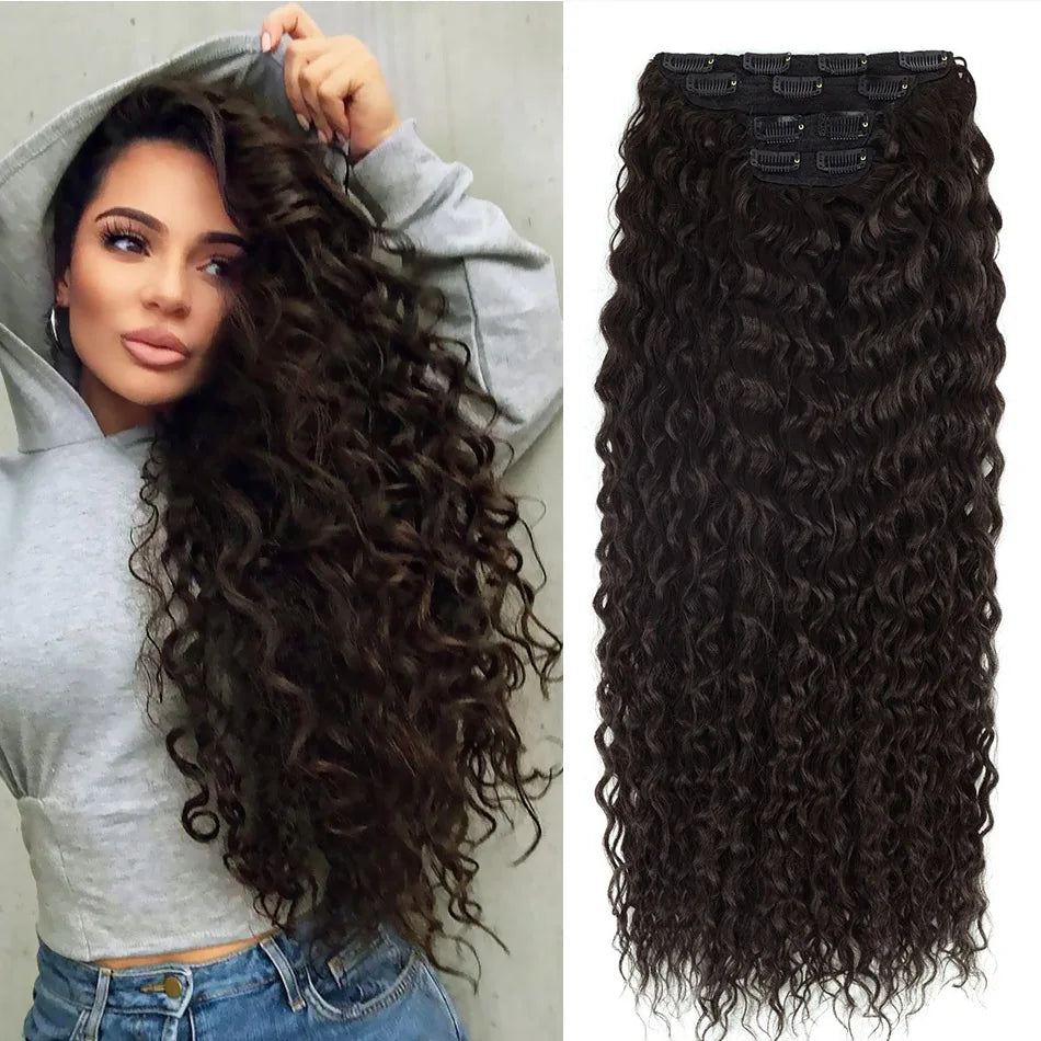 Synthetic Curly Clip-In Hair Extensions For Women Weave 4PCS Full Head Organic Fake Hair Ombre Brown Blonde Thick Hairpieces