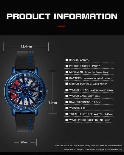 Sanda Hot Sell Fashion Sports Men WristWatch 360 Degree Rotating Car Wheel Quartz Watch Stainless Steel Waterproof Rim Hub Clock