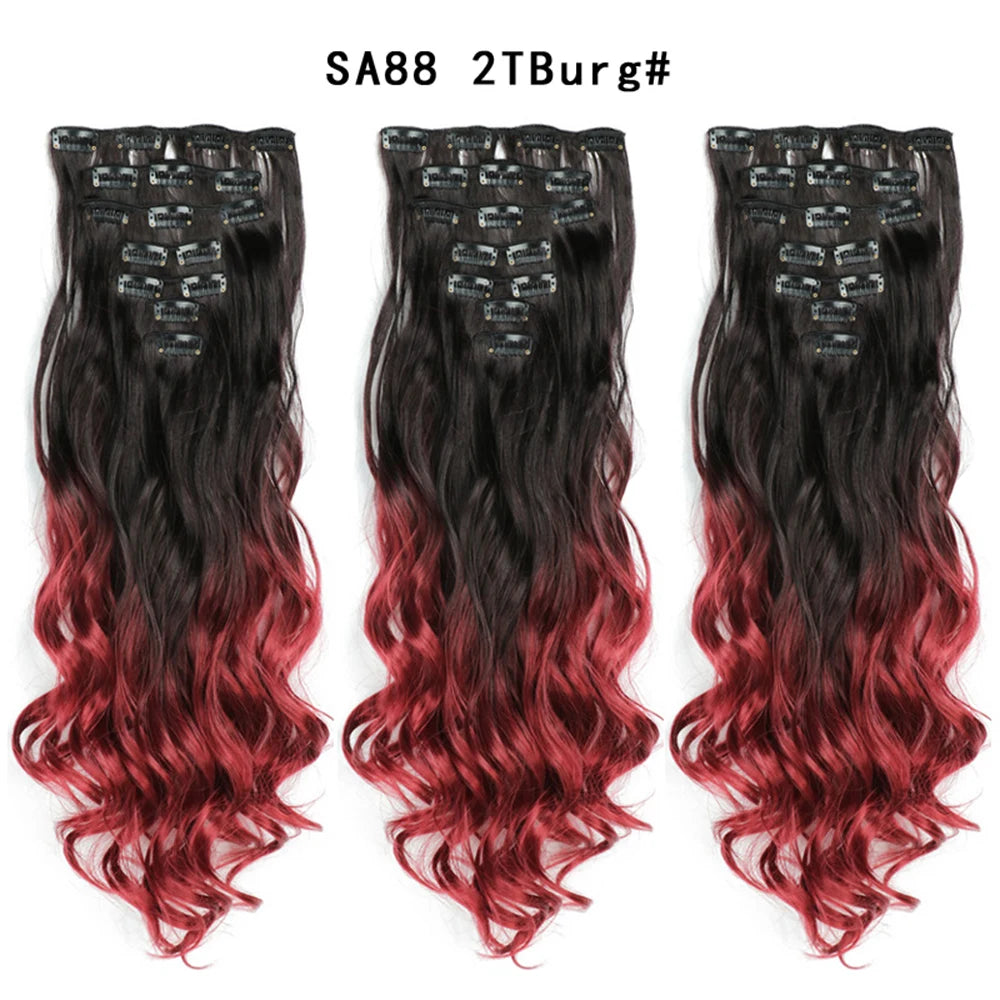 LINWAN Hair 22inch Ombre Hair Long Curly Hair Extension 16 Clips High Tempreture Synthetic Hairpiece Clip In Hair Extensions