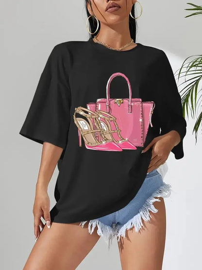 Pink High Heels Lady's Bag Print T-shirts Women Street Hip Hop Clothes Summer Breathable Short Sleeve Summer Soft Tee Top Female