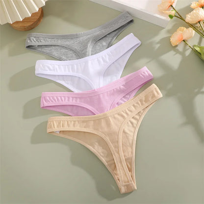 4PCS/Set Women Cotton Panties Seamless Low Rise Thongs V-Waist Solid Color Breathable Underwear Female Soft Lingerie Intimates