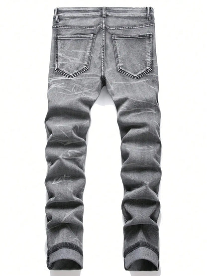 Men‘s Stretchy Denim Jeans Streetwear Tearing Patchwork Holes Ripped Denim Elastic Waist Casual Pants Slim fit Straight Trousers