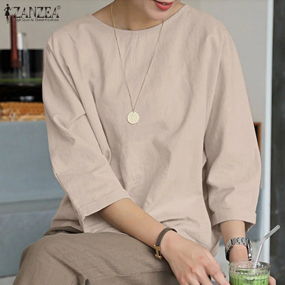 ZANZEA Spring Summer Women Blouse Casual 3/4 Sleeve O Neck Shirt Solid Baggy Tunic Tops Vintage OL Work Blusas Femme Chemise