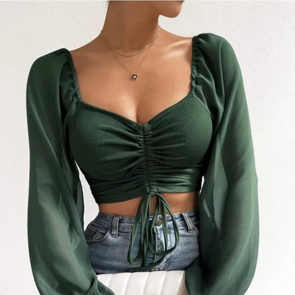 Sexy Women Mesh Lantern Sleeves Drawstring Wrap Chest Bare Midriff T Shirt Women Long Sleeves Bottoming