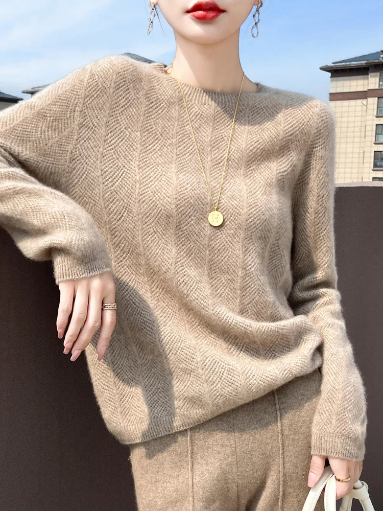 Women’s 100% Merino Wool Sweater Pullovers Hollow Out O-neck Cashmere Autumn Winter Long Sleeve Solid Grace Fashion Clothing Top