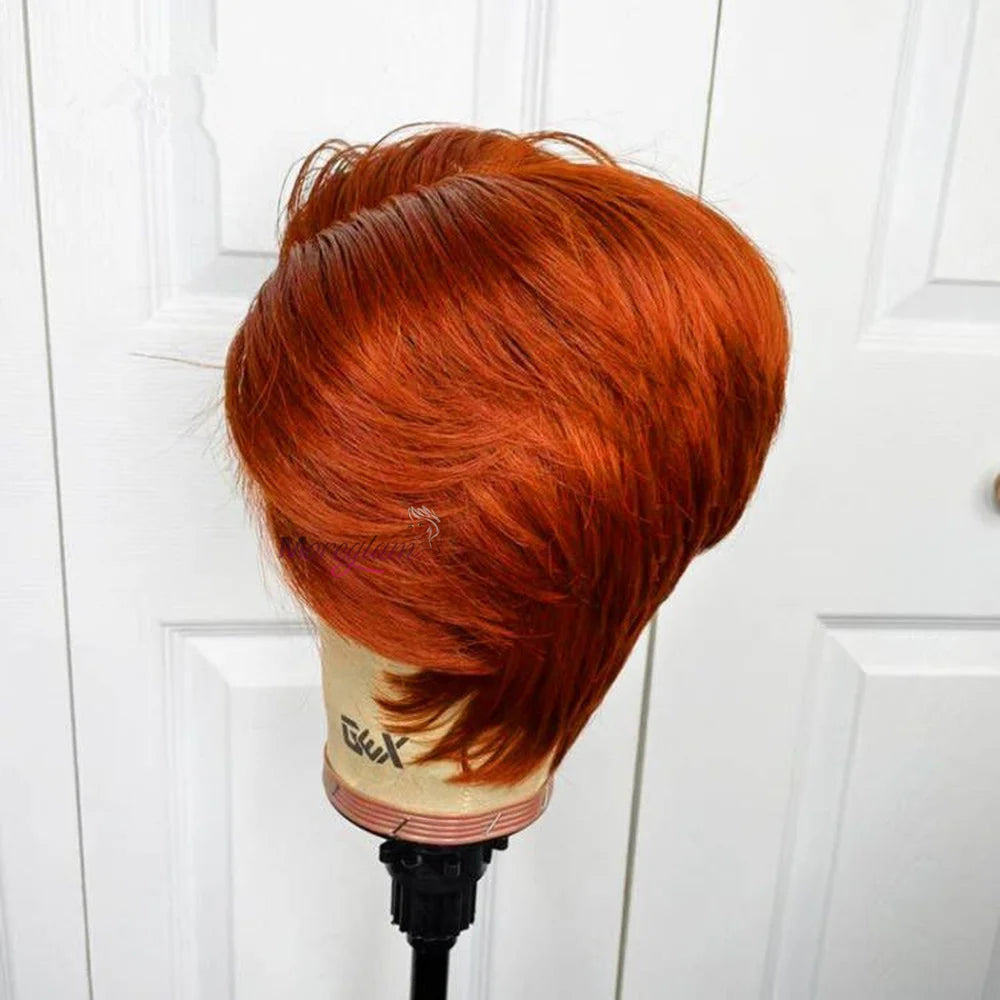 Pixie Cut Human Hair Wigs Orange Wig T Part Lace Wig Ginger Straight Short Human Hair Wigs perruque cheveux humain sans colle