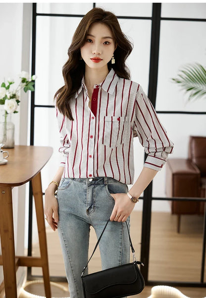 Shirts for Women New Slim Women's Clothing Fashion Polo-Neck Striped Womens Tops Long Sleeved Blouse Women OL Autumn Women Shirt