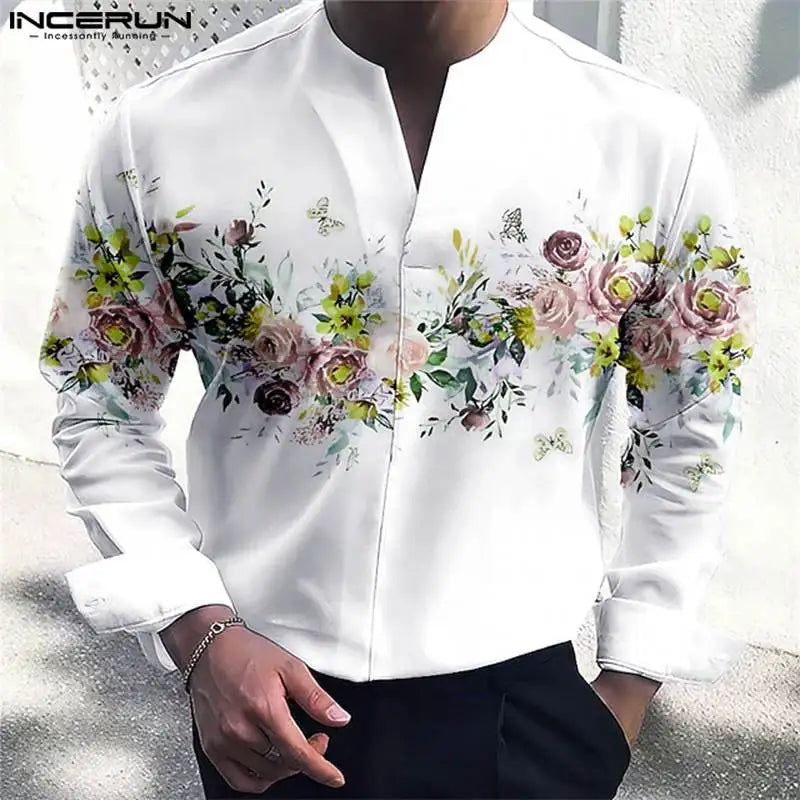 Men Shirt Floral Printing V Neck Long Sleeve Loose Streetwear Casual Men Clothing 2023 Fashion Leisure Camisas S-5XL INCERUN