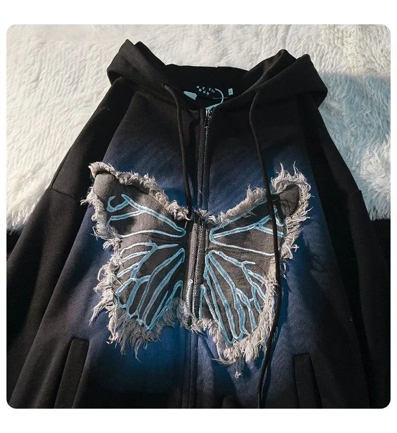 Street Popular Vintage Butterfly Patch Zipper Hoodies Women Y2K New Harajuku Casual Loose Sweatshirt Couple Fashion Joker Hoodie