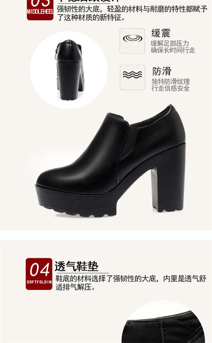 Comfortable Thick Bottom Deep Mouth Soft Leather Shoes 2024 Spring Block High Heels Single Shoes for Office Model Dance