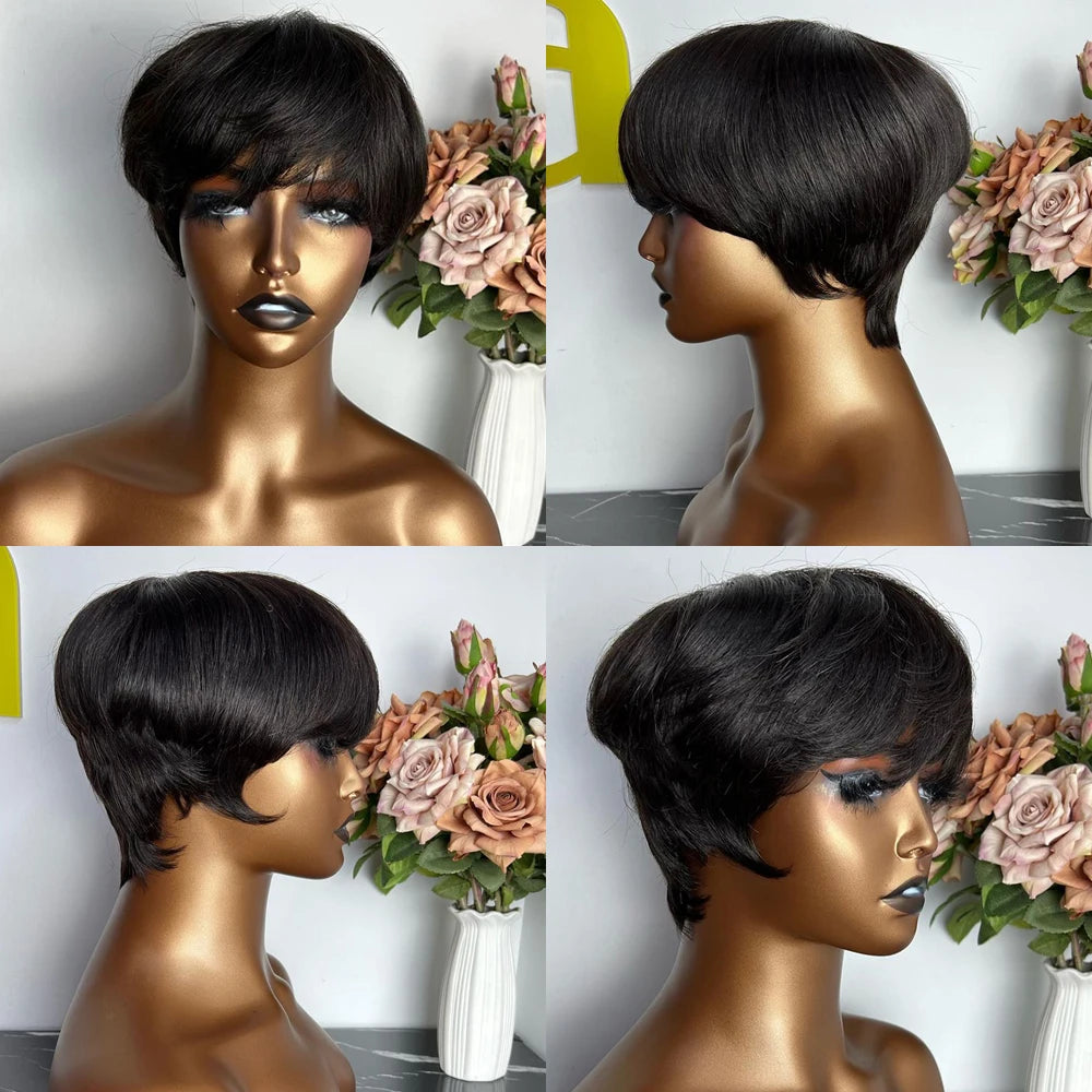 Human Hair Wigs Short Pixie Cut Wig Human Hair For Black Women Machine Made Wigs With Bangs Pixi Wig Perruque Cheveux Humain