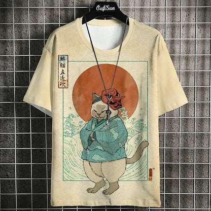 Japanese Style Men's T-Shirt Ukiyo-e Painting Animal Printed Tees Casual Loose Short Sleeve T-shirts Oversized Men Clothing Tops