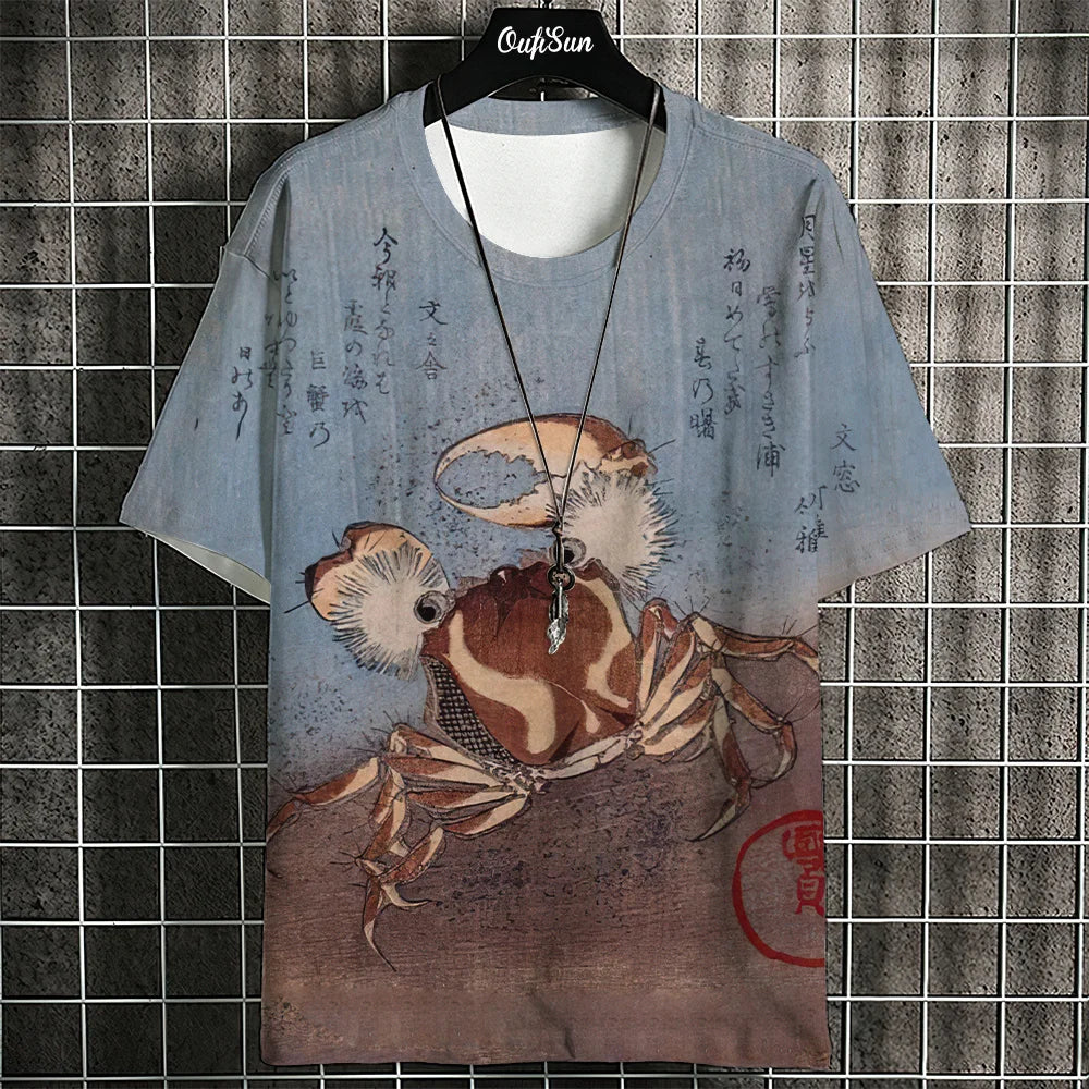 Japanese Style Men's T-Shirt Ukiyo-e Painting Animal Printed Tees Casual Loose Short Sleeve T-shirts Oversized Men Clothing Tops