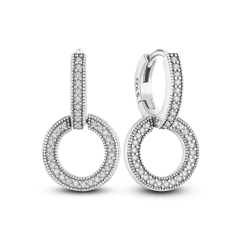 925 Silver Ear Jewelry Hollow Circle Shiny Zircon Inlaid Dangle Earrings Elegant Style Daily Casual Chain Wedding Ladies' Gifts