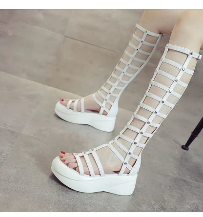 2022 Women's Summer Boots Women Shoes Fashion Cutout High Top Sandals Breathable Striped Roman Shoes Platform Boots Thigh High