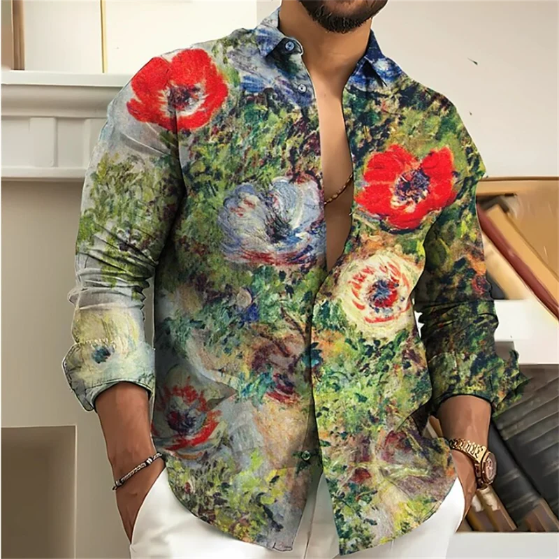 Vintage 2023 Men's Shirt Floral 3D Printing Lapel Long Sleeve Outdoor Streetwear Fashion Dress Designer Casual S-6XL Summer