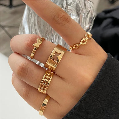 LETAPI 2024 New Fashion Bohemian Heart Ring Set For Women Crystal Stars Moon Flower Love Geometric Finger Vintage Jewelry Gifts