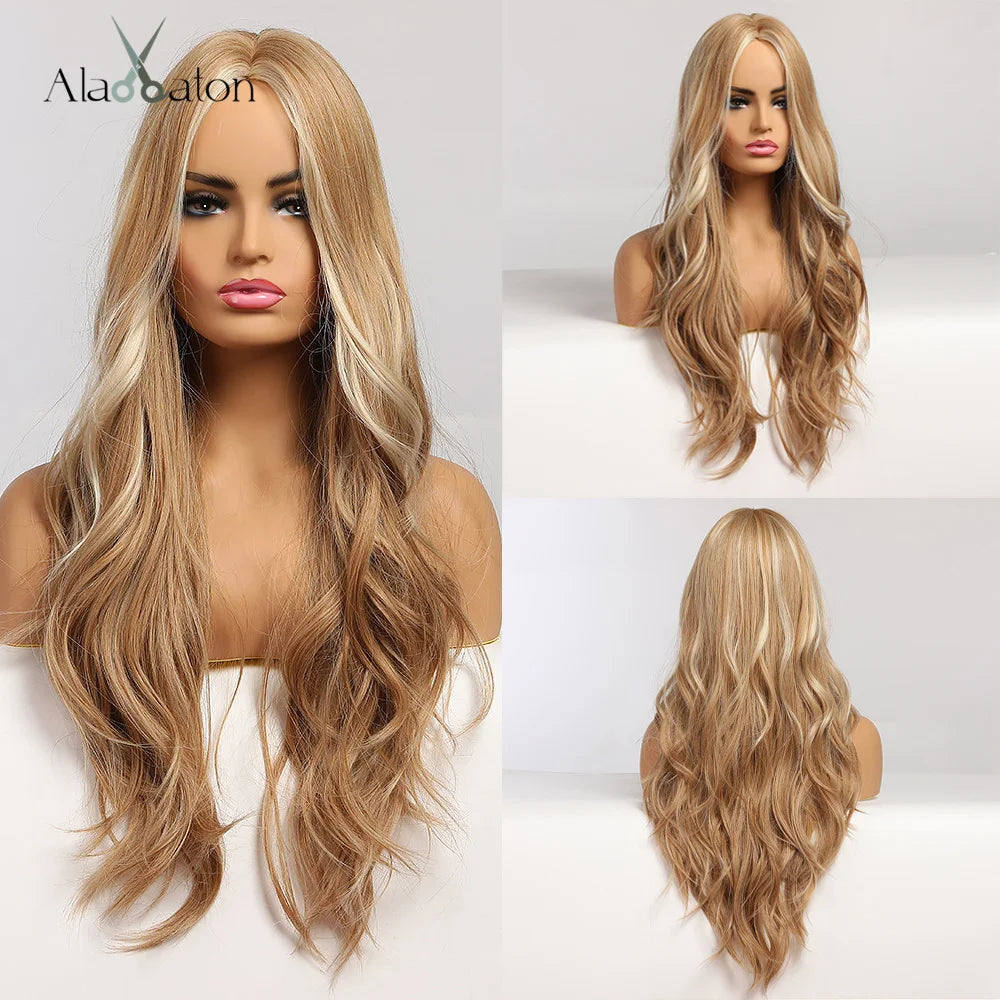 ALAN EATON Black Long Body Wavy Synthetic Wigs for Women Afro Natural Black Hair Wigs Middle Part Heat Resistant Fiber Daily Use