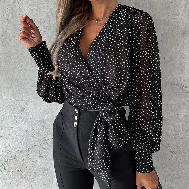 New Leopard Print Women Chic Blouses Spring Autumn Straight Patchwork Ladies Simple Sweatshirts V-Neck Lace-Up Streetwear Blusas