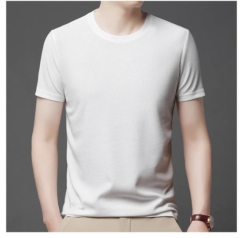 Short sleeved Polo shirShort sleeved Waffle Solid Polot fashion splicing men's round neck top cotton daily short sleeved T-shirt