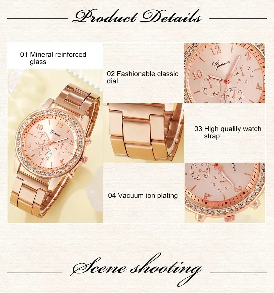 6PCS Set Rose Gold Luxury Watch Women Ring Necklace Earring Rhinestone Fashion Wristwatch Casual Ladies Bracelet Watches