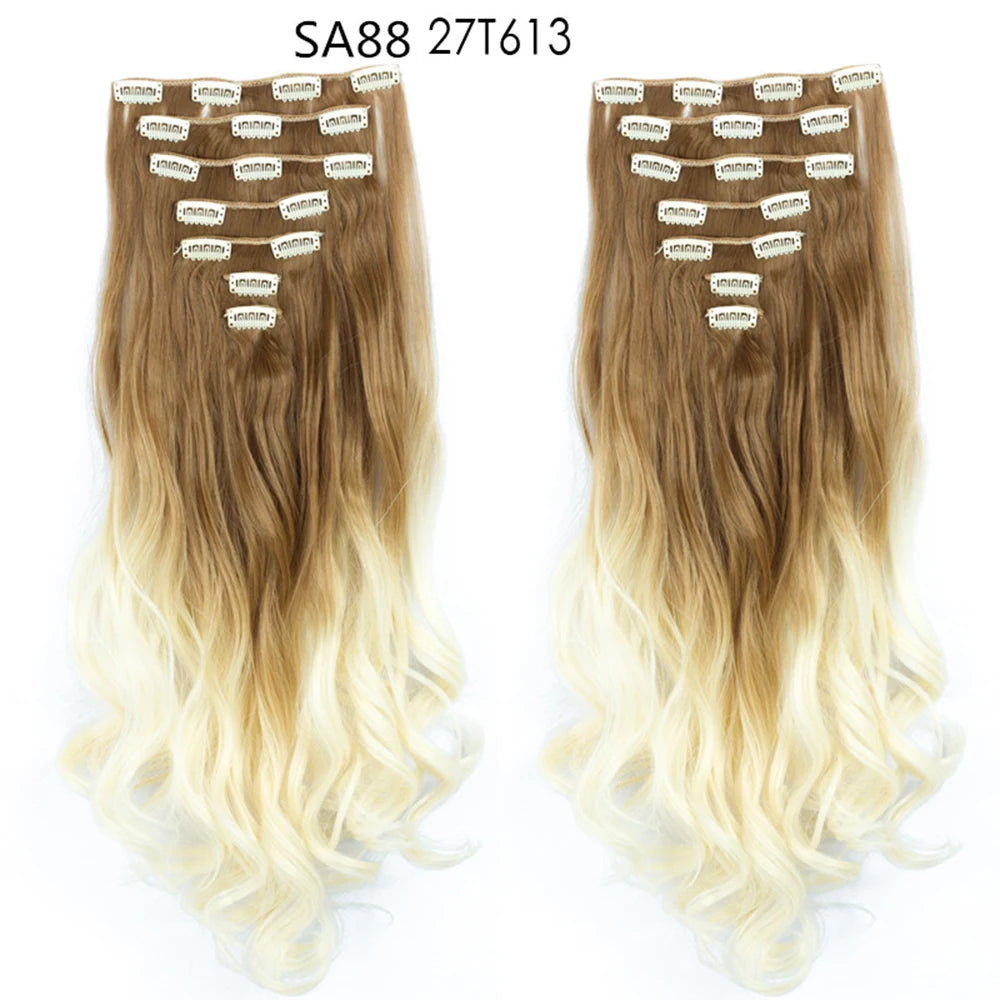 LINWAN Hair 22inch Ombre Hair Long Curly Hair Extension 16 Clips High Tempreture Synthetic Hairpiece Clip In Hair Extensions