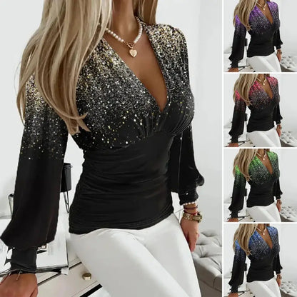 Long Sleeve Pleated Top Elegant Office Lady Tops V-neck Rhinestone Blouse Lace Shirt with Pleated Waist Slim for Spring/autumn