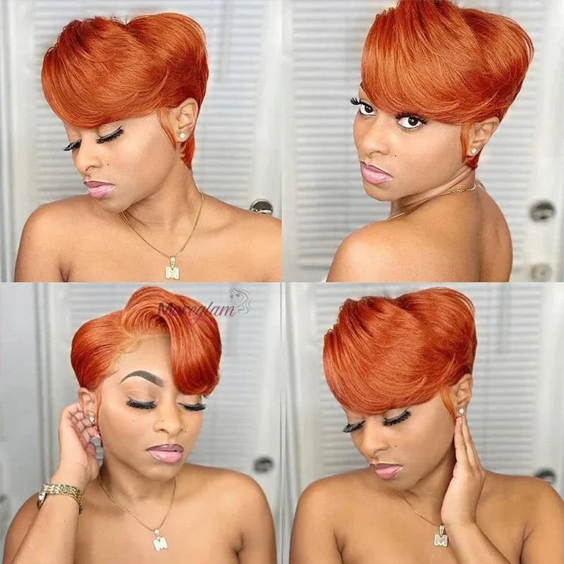 Pixie Cut Human Hair Wigs Orange Wig T Part Lace Wig Ginger Straight Short Human Hair Wigs perruque cheveux humain sans colle