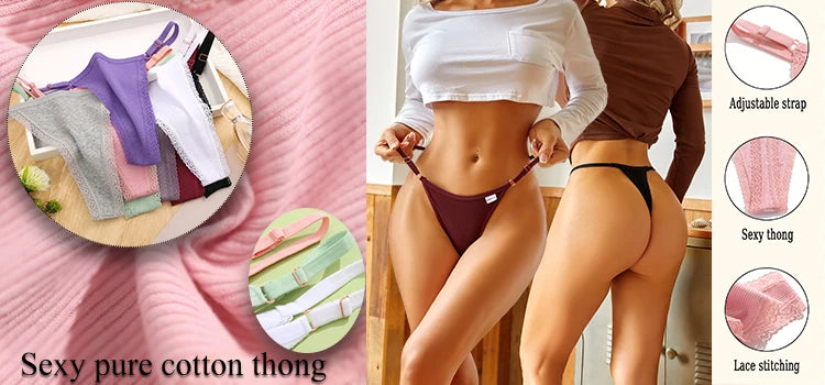 FINETOO 5PCS/Set Sexy G-string Panties Cotton Women's Underwear  Adjustable Waist Girl Female Pantys Bikini Lady Thongs Lingerie