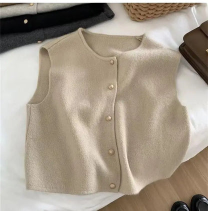 C.New S Autumn New Women Cardigan Korean Elegant Knitted Sleeveless Female Casual Sweater Tanks Slim Fashion Ladies Casual Tops