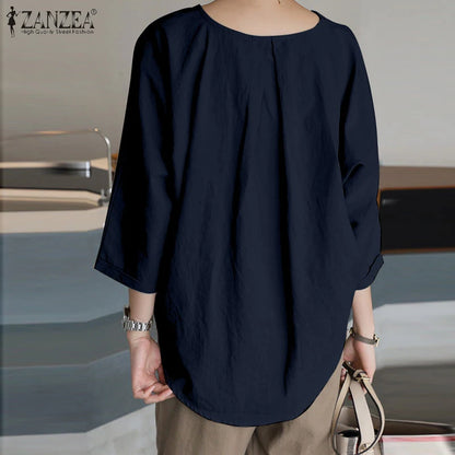 ZANZEA Spring Summer Women Blouse Casual 3/4 Sleeve O Neck Shirt Solid Baggy Tunic Tops Vintage OL Work Blusas Femme Chemise