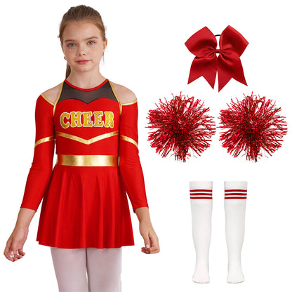 Kids Girls Cheerleader Costume Halloween Cheerleading Dress with Pom Poms Bow Hair Clip Socks Birthday Party Gifts