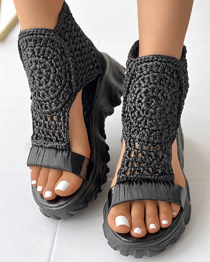 gold Knitted Woolen Sandals woman summer 2025 New Braided Elastic Shoes Mesh Flat Bottom Hollow Out Female Sandals Mujer