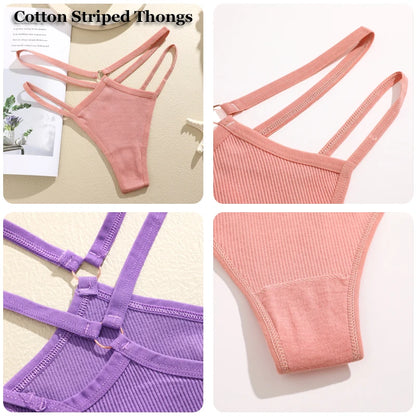 FINETOO 4Pcs Cotton Double Thin Belts Underwear for Women Sexy Low Waist Striped Thongs Ladies Soild Panties Breathable Lingerie