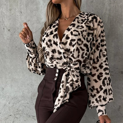 New Leopard Print Women Chic Blouses Spring Autumn Straight Patchwork Ladies Simple Sweatshirts V-Neck Lace-Up Streetwear Blusas