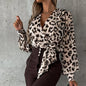 New Leopard Print Women Chic Blouses Spring Autumn Straight Patchwork Ladies Simple Sweatshirts V-Neck Lace-Up Streetwear Blusas