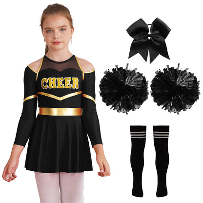 Kids Girls Cheerleader Costume Halloween Cheerleading Dress with Pom Poms Bow Hair Clip Socks Birthday Party Gifts