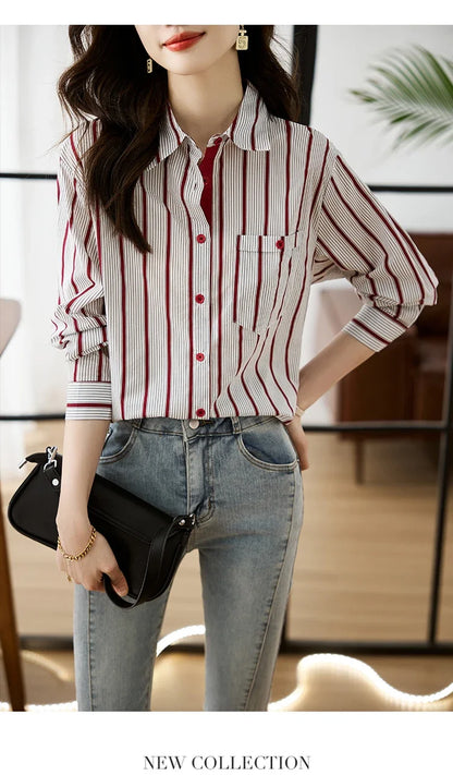 Shirts for Women New Slim Women's Clothing Fashion Polo-Neck Striped Womens Tops Long Sleeved Blouse Women OL Autumn Women Shirt