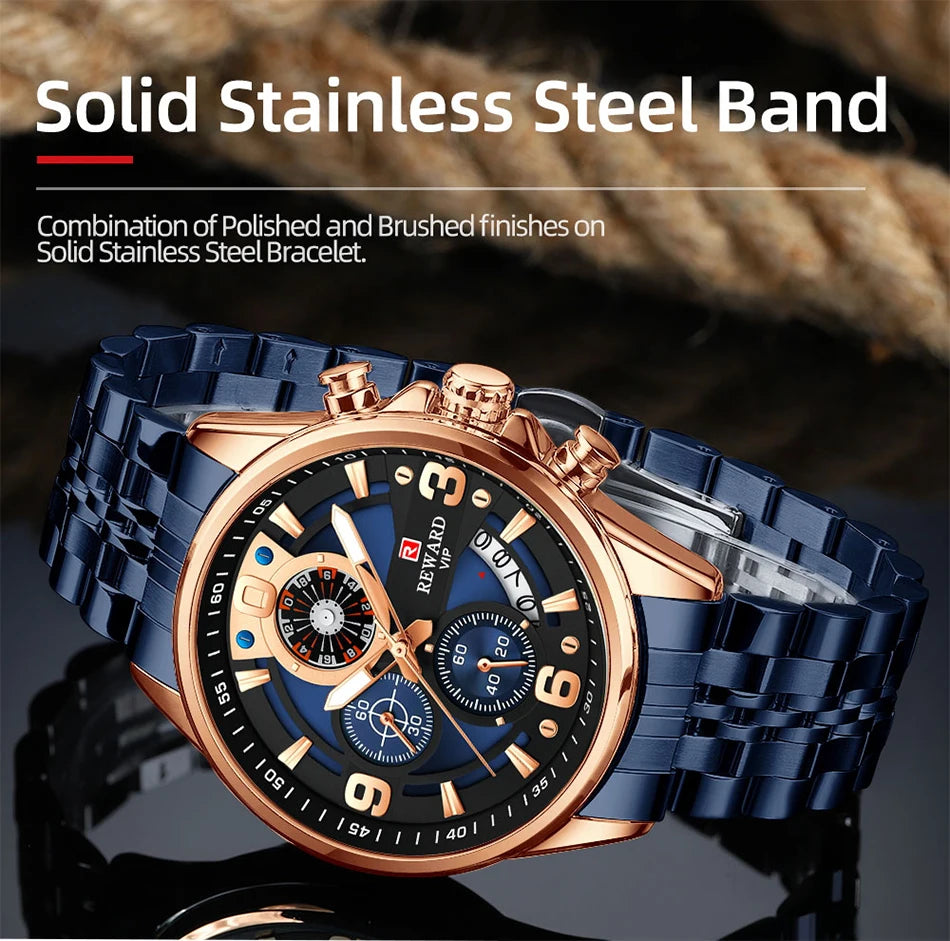 REWARD New Mens Watches Stainless Steel Luxury Waterproof Chronograph Luminous Wrist Watch Fashion Men Sports Quartz Watch