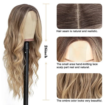 Synthetic Long Lace Ombre Blonde Wavy Wig for Women 26 Inch Middle Part Curly Natural Looking Heat Resistant Fiber for Daily