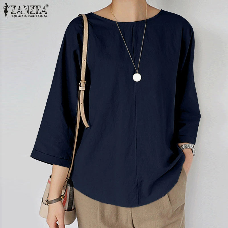 ZANZEA Spring Summer Women Blouse Casual 3/4 Sleeve O Neck Shirt Solid Baggy Tunic Tops Vintage OL Work Blusas Femme Chemise