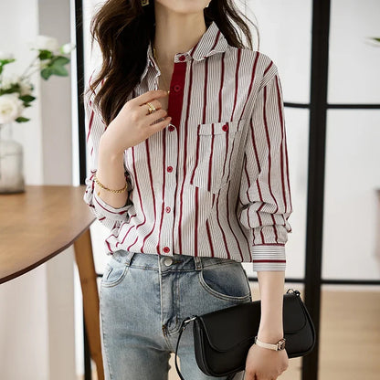 Shirts for Women New Slim Women's Clothing Fashion Polo-Neck Striped Womens Tops Long Sleeved Blouse Women OL Autumn Women Shirt