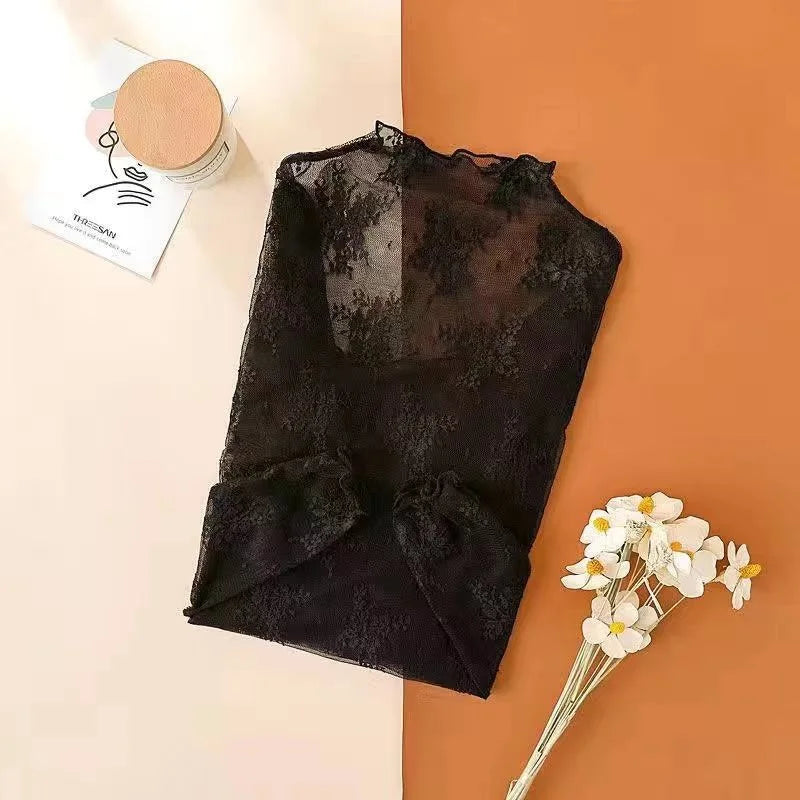 Lace Bottomed Blouse Women Long Sleeve Crop Top Sleeved 2022 High Neck With Hollowed Out Chiffon Foreign Style Sexy Mesh