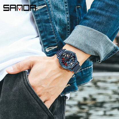 Sanda Hot Sell Fashion Sports Men WristWatch 360 Degree Rotating Car Wheel Quartz Watch Stainless Steel Waterproof Rim Hub Clock